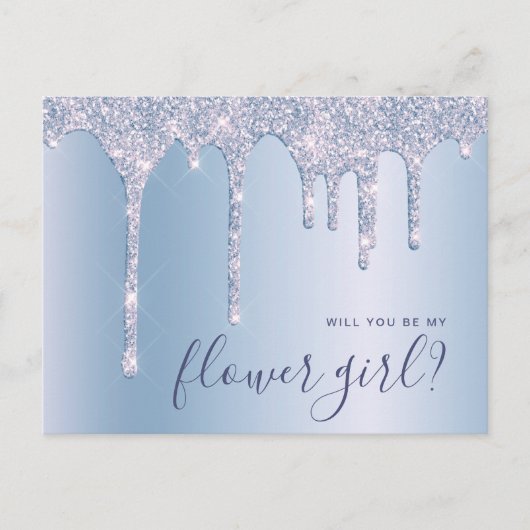 Blauwe glitterdruppels worden mijn bloemmeisje. uitnodiging briefkaart (Voorkant)