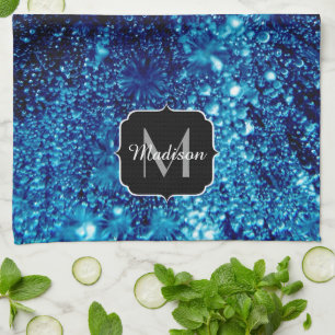 Blauwe glitters Abstract Bevroren bubbels Monogram Theedoek