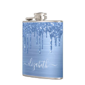 Blauwe glitterschijven op maat heupfles (Links)