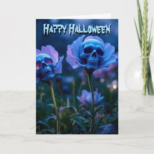 Blauwe Glow Skull Halloween bloemen Kaart (Voorkant)
