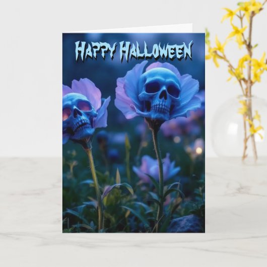 Blauwe Glow Skull Halloween bloemen Kaart (Gele Bloem)