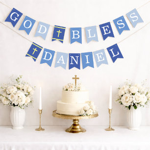 Blauwe God Zegen 6 Letters Naam Doop Eerste Commun Vlaggetjes