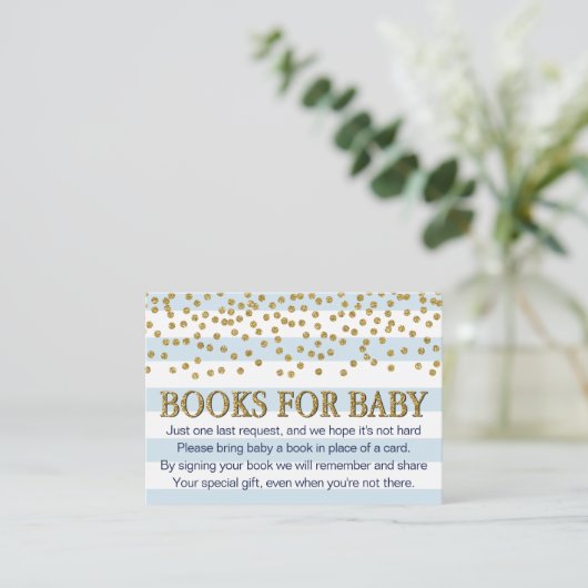 Blauwe Gold Baby shower Book Request Card-behuizin Informatiekaartje (Staand voorkant)