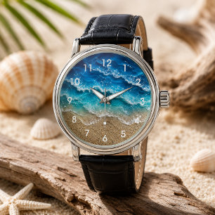 Blauwe Golf Hars Uitzicht Genummerd Strand Zand Horloge