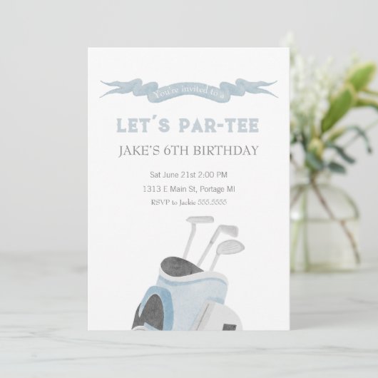 Blauwe golf verjaardagsparty uitnodiging (Staand voorkant)