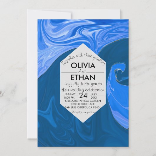 Blauwe golven abstracte huwelijksuitnodiging kaart (Voorkant)