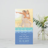 Blauwe golven die de foto van het HartBeach sparen Save The Date (Staand voorkant)