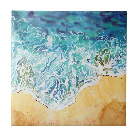 Blauwe golven op zandstrand tegeltje (Voorkant)
