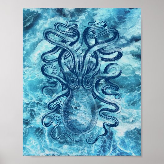 Blauwe golven van het Zee & Octopus Grafische  Tek Poster (Voorkant)