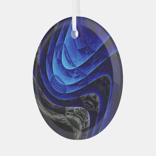 Blauwe golvende abstracte, digitale kunstachtergro glas ornament (Voorkant links)