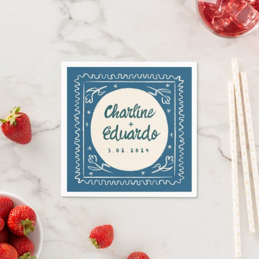 Blauwe golvende pastel handschrift retro bruiloft  servet (Insitu)