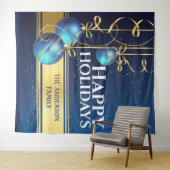 Blauwe gouden ballen mooie lint Kerstgroeten Wandkleed (In Situ (horizontaal))