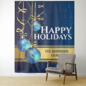 Blauwe gouden ballen mooie lint Kerstgroeten Wandkleed (In situ)