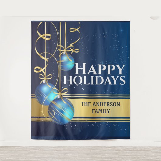 Blauwe gouden ballen mooie lint Kerstgroeten Wandkleed (Voorkant)