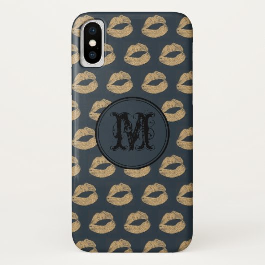 Blauwe gouden lippen Gothic Gepersonaliseerd Monog Case-Mate iPhone Case (Achterkant)
