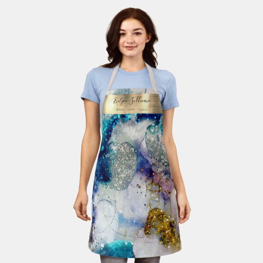 Blauwe goudglitter waterverf schoonheidsspecialist schort (Gedragen)
