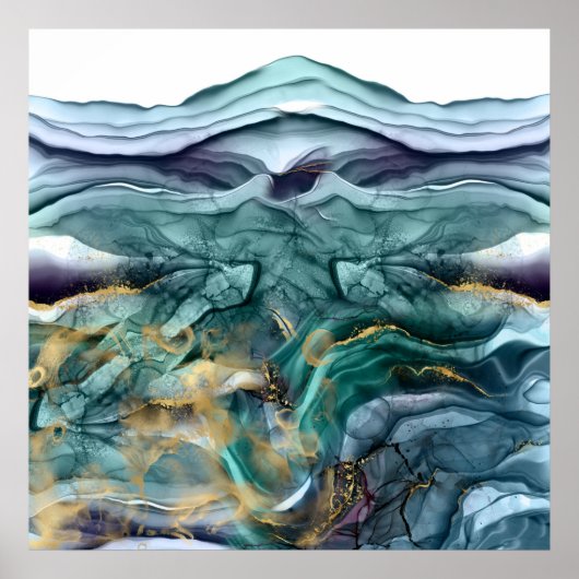 Blauwe goudinkt abstract poster