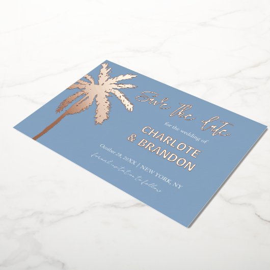 Blauwe goudpalm Beach Weddenschap sparen de datum Folie Uitnodiging (Gedraaid)