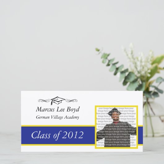 Blauwe & goudschool Afstuderen Foto aankondiging (Staand voorkant)