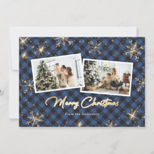 Blauwe goudsparkle Snowflakes Fotokerstmis Feestdagenkaart