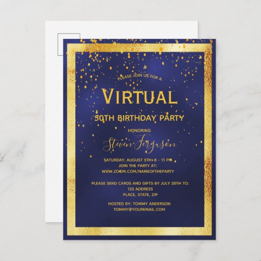 Blauwe gouduitnodiging voor virtuele verjaardagsfe briefkaart (Voorkant / Achterkant)