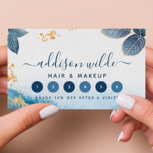 Blauwe goudWaterverf Botanische bladeren Abstract Klantenkaartje