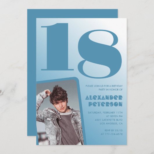 Blauwe gradiënt 18e verjaardag uitnodigingen Boy F (Voorkant / Achterkant)