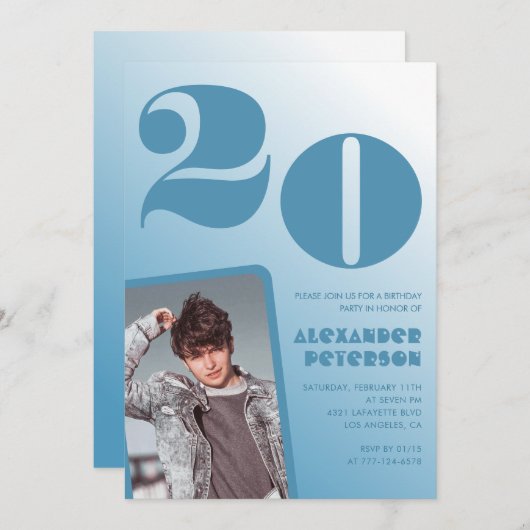 Blauwe gradiënt 20e verjaardag uitnodigingen Boy F (Voorkant / Achterkant)