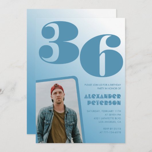 Blauwe gradiënt 36e verjaardag uitnodigingen Manne (Voorkant / Achterkant)