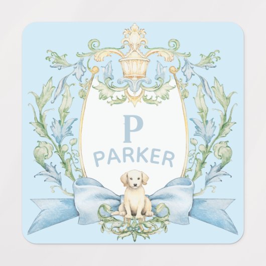 Blauwe Grandmillennial Puppy Monogram Ribbon Crest Labels (Design 2)