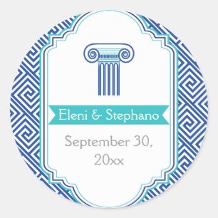Blauwe Griekse sleutel en kolom bruiloft Save the  Ronde Sticker