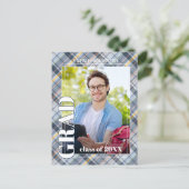 Blauwe grijze aankondiging Afstuderen Tartan Briefkaart (Staand voorkant)