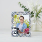 Blauwe grijze aankondiging Afstuderen Tartan Briefkaart (Staand voorkant)