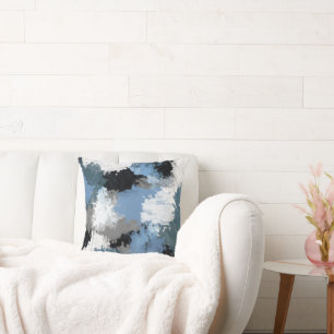 Blauwe grijze Abstracte penseelstreken Kussen