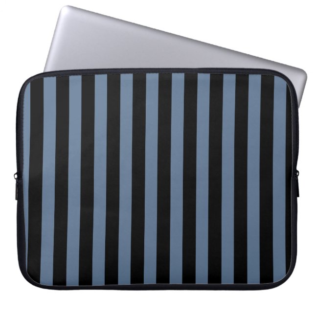 Blauwe grijze en zwarte strepen laptop sleeve (Voorkant)