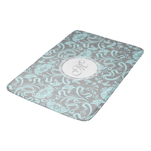Blauwe grijze Floral Pattern Monogram Bath Mat (Gekanteld)