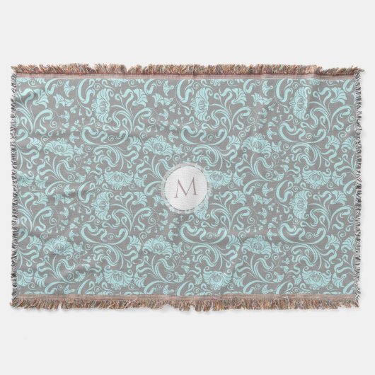 Blauwe grijze  Floral Pattern Monogram Blanket Deken (Voorkant)