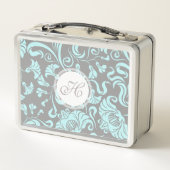 Blauwe grijze  Floral Pattern Monogram Lunchbox (Achterkant)