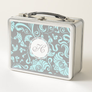 Blauwe grijze Floral Pattern Monogram Lunchbox