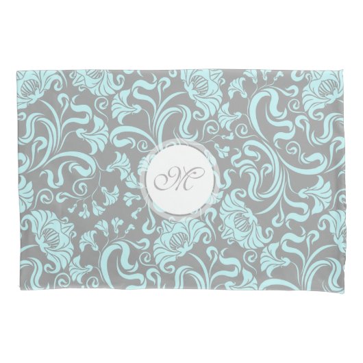 Blauwe grijze  Floral Pattern Monogram Pillow C Kussensloop (Voorkant)