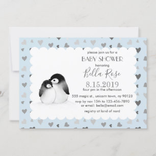 Blauwe grijze harten Penguins Baby Shower Invitati Kaart