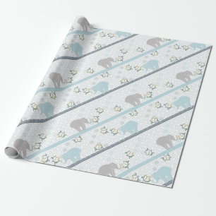 Blauwe & Grijze Streep Olifant Safari   BABY SHOWE Cadeaupapier