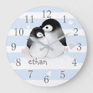 Blauwe grijze Stripes Penguin Nursery Wall klok