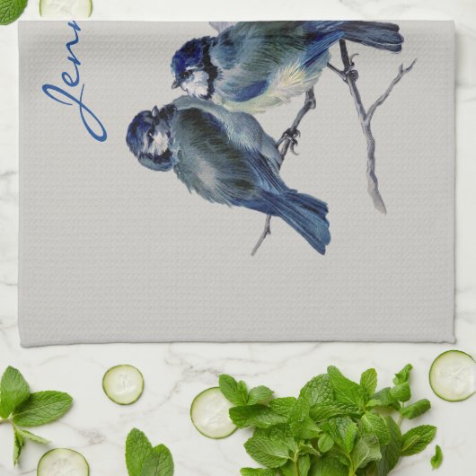Blauwe grijze vogels Elegant Waterverf Aangepaste  Theedoek (Gevouwen)