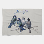 Blauwe grijze vogels Elegant Waterverf Aangepaste  Theedoek (Horizontaal)