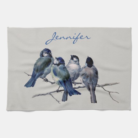 Blauwe grijze vogels Elegant Waterverf Aangepaste  Theedoek (Horizontaal)