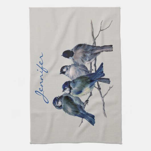 Blauwe grijze vogels Elegant Waterverf Aangepaste  Theedoek (Verticaal)