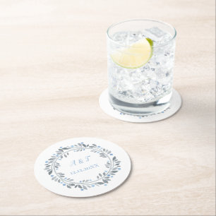 Blauwe grijze witte monogram Floral bruiloft Ronde Kartonnen Onderzetter
