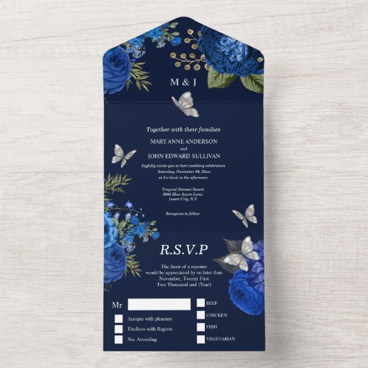 Blauwe grijze zilverkleurige roos elegant vlinderg all in one uitnodiging (Binnen)