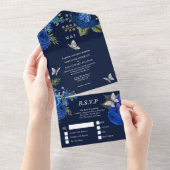 Blauwe grijze zilverkleurige roos elegant vlinderg all in one uitnodiging (Afscheurbaar)